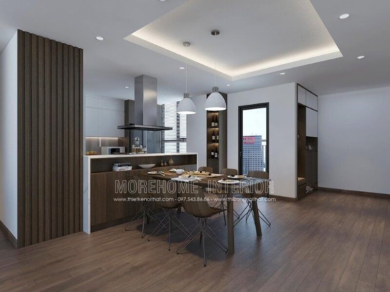 Vách gỗ công nghiệp tạo điểm nhấn cho không gian bếp