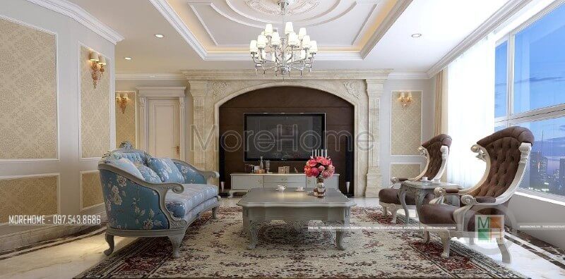 Mẫu kệ ti vi tân cổ điển được kiến trúc sư ưu ái lựa chọn cho khu vực phòng khách này