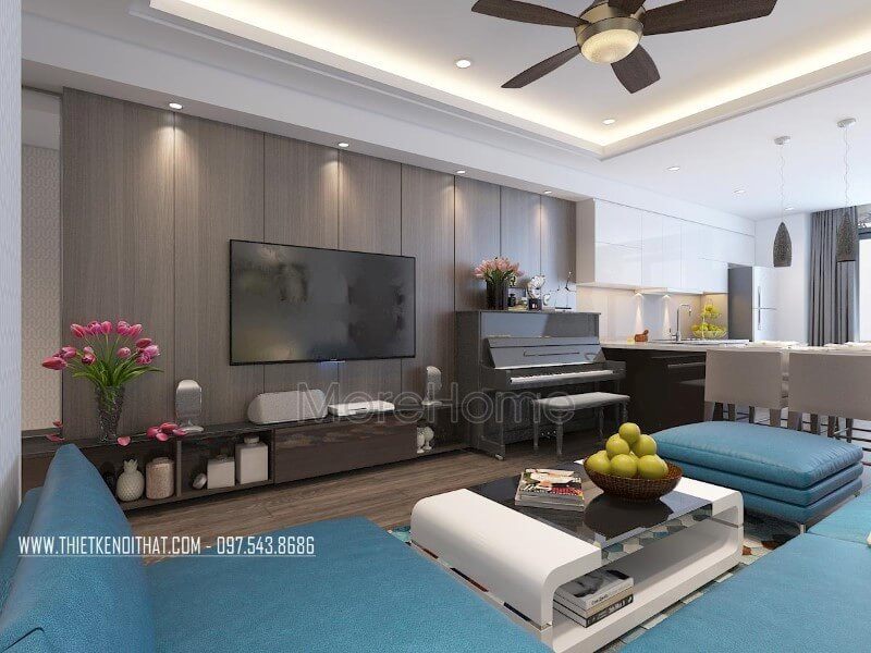 Trang trí phòng khách chung cư hiện đại với kệ ti vi gỗ công nghiệp