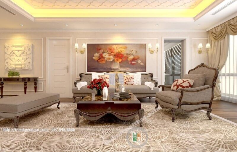 Sofa phòng khách sự phá cách trong thiết kế với chiếc ghế dài lưng tựa kê sát tường với 1 chiếc ghế bành nhỏ hơn có lưng tựa, tay vịn cùng 1 chiếc ghế đơn không lưng tựa, không tay vịn.