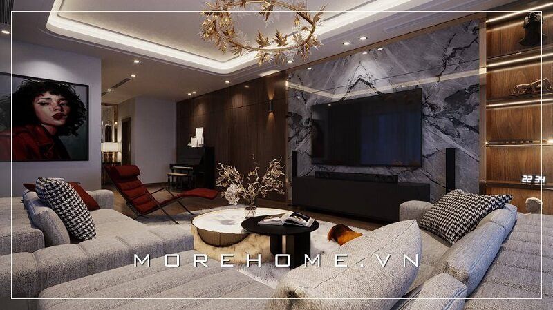 Mẫu thiết kế nội thất phòng khách cao cấp với tông màu xám chủ đạo được yêu thích tại MoreHome