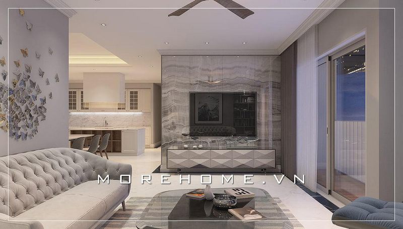 Mẫu đá ốp tường vách tivi vân mây cho phòng khách đẹp cao cấp