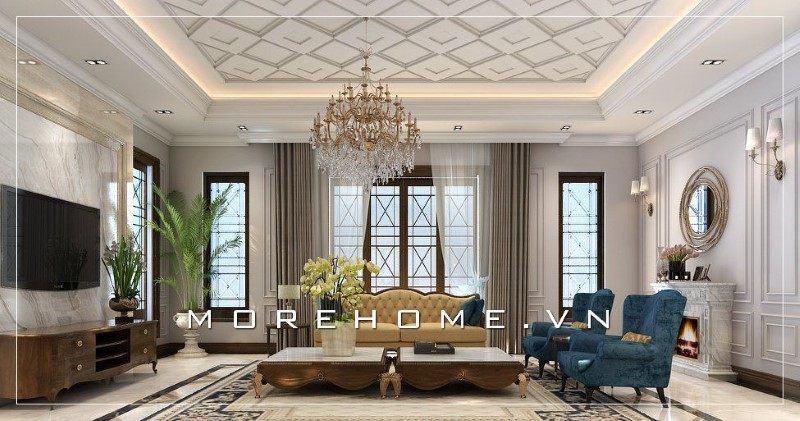 Kệ tủ tivi với kiểu dáng tân cổ điển mang đến sự sang trọng và ấn tượng cho không gian phòng khách.