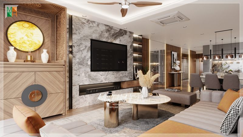 Bàn trà đôi hình tròn mặt đá mang đến sự sang trọng tinh tế cho không gian ấm cúng của gia đình.