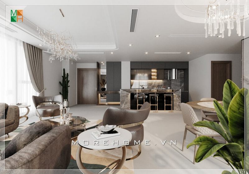 Mẫu thiết kế nội thất liền mạch giữa phòng khách khách sạn liền phòng bếp rất tiện nghi.