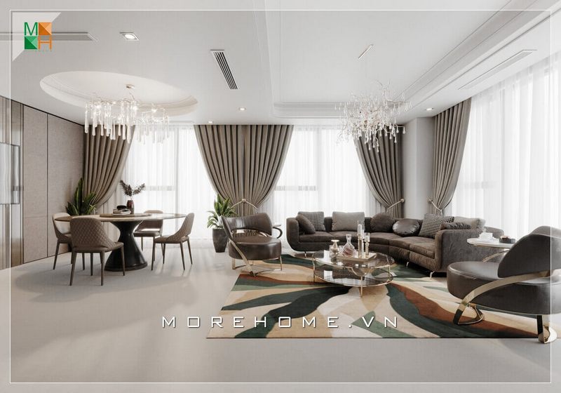 Thiết kế nội thất khách sạn cao cấp có sự liền mạch giữa không gian phòng khách liền phòng ăn sang trọng.